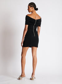 Robe courte en jersey à épaules dénudées à bouton bijou - Noir