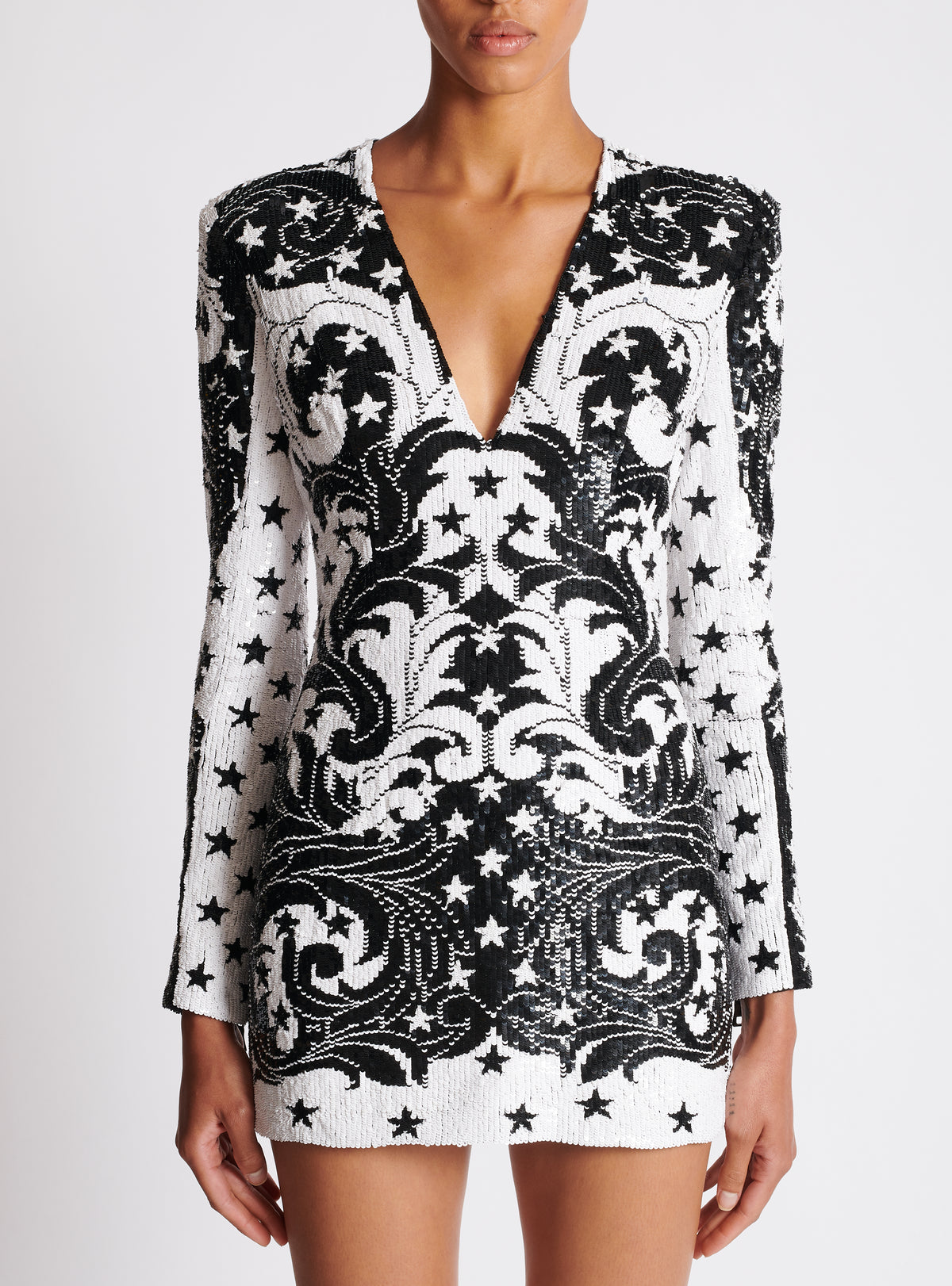 Robe courte brodée paisley et étoiles - Blanc & Noir