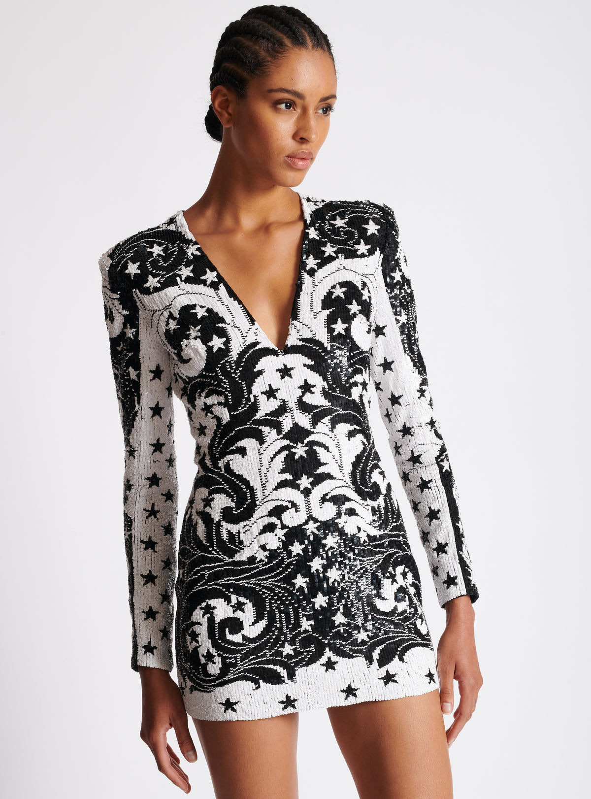 Robe courte brodée paisley et étoiles - Blanc & Noir
