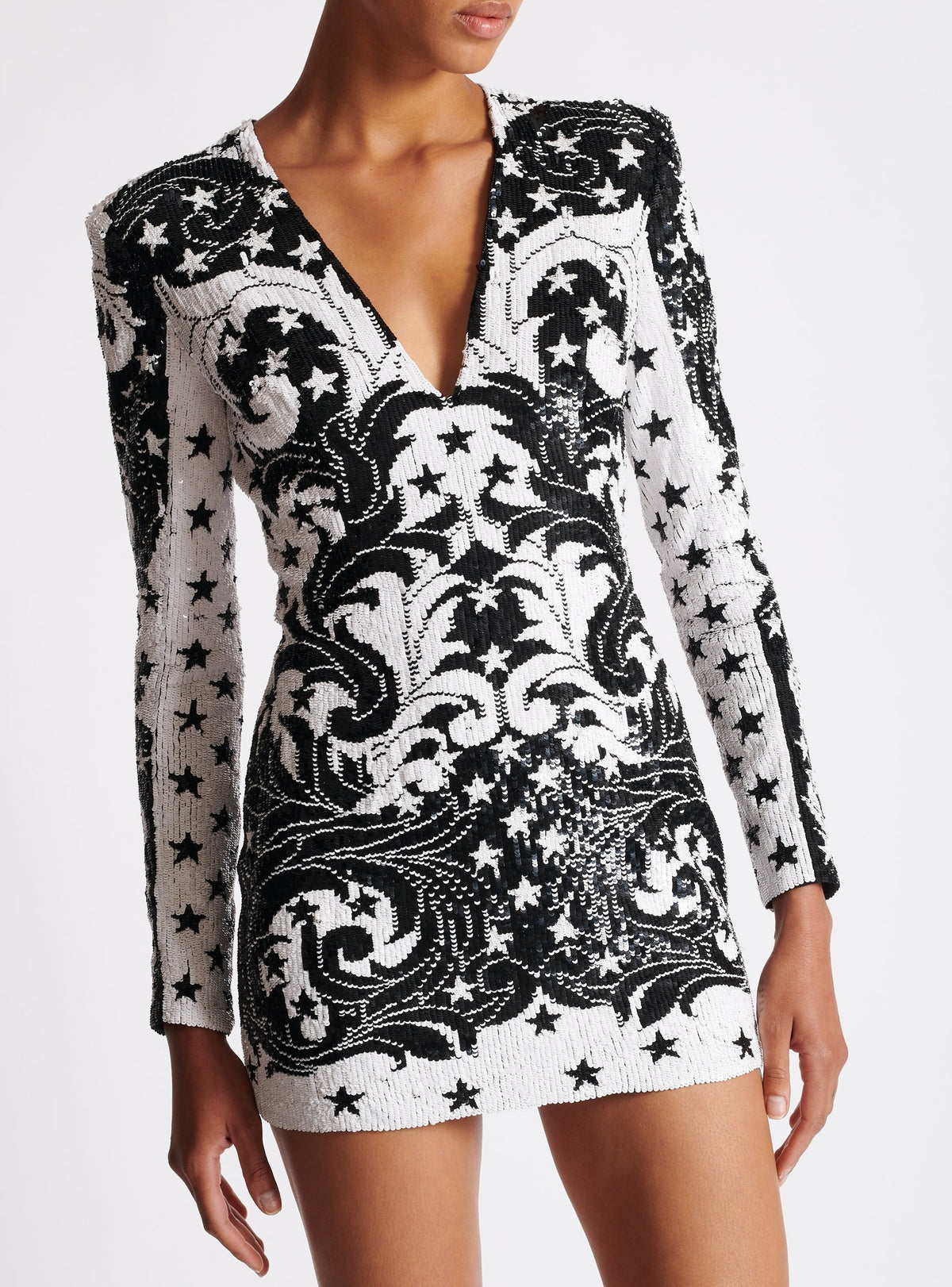 Robe courte brodée paisley et étoiles - Blanc & Noir