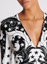 Robe courte brodée paisley et étoiles - Blanc & Noir