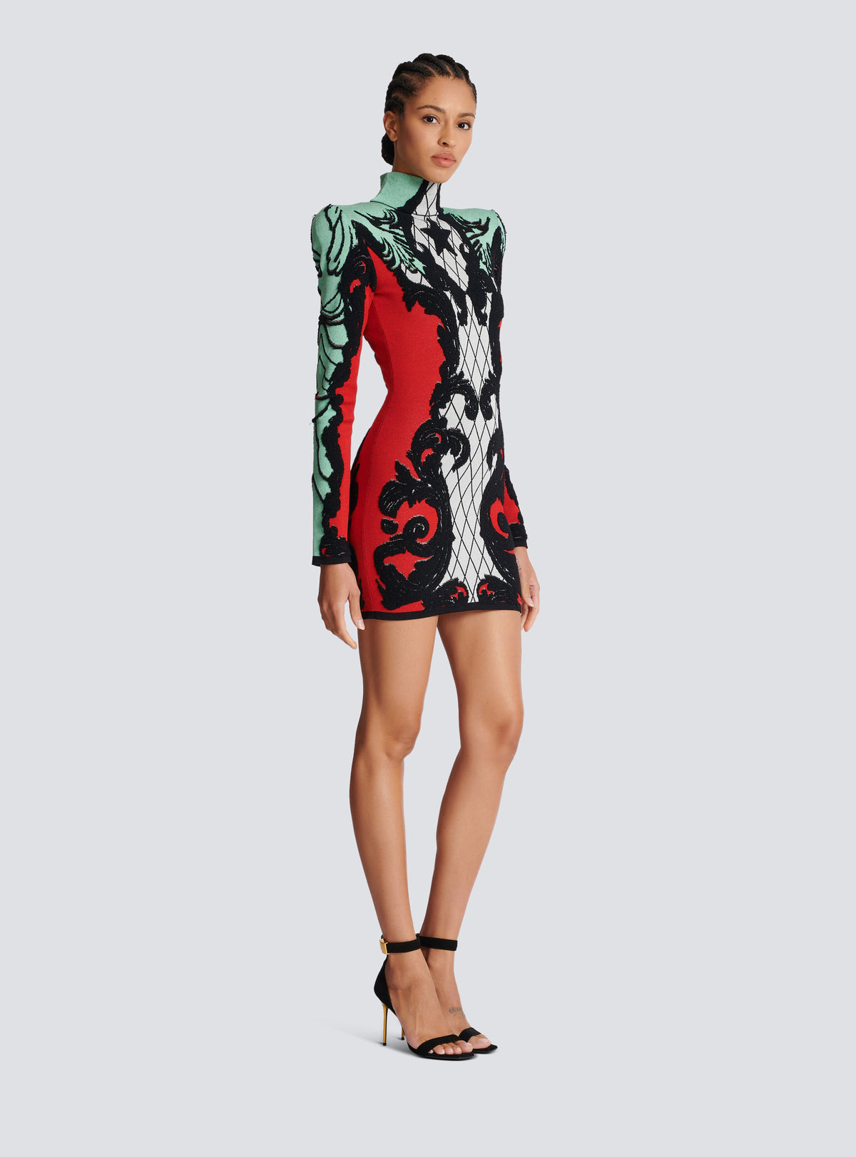 Robe en jacquard baroque - Noir & Blanc & Rouge Vif & Vert D'Eau