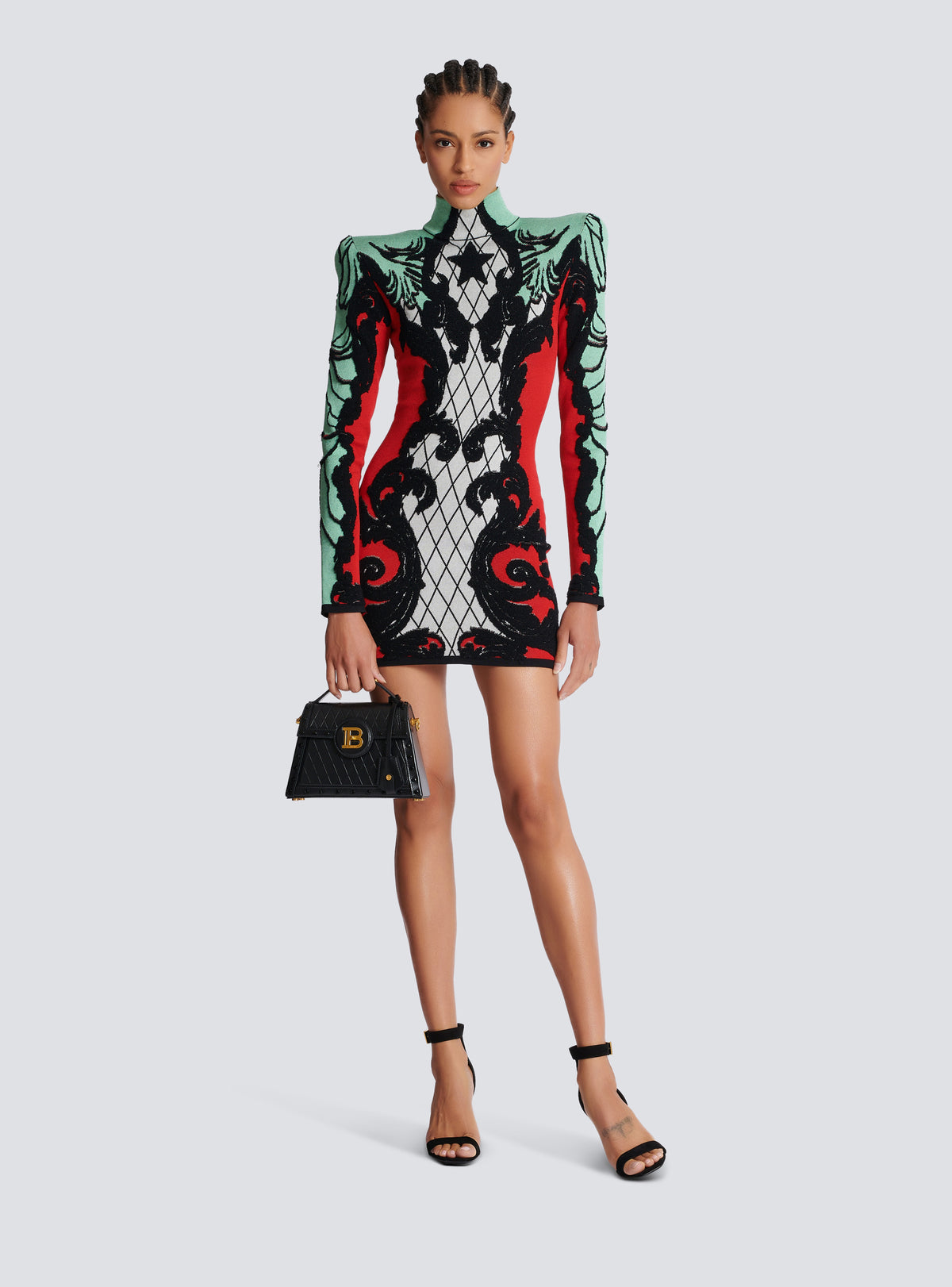 Robe en jacquard baroque - Noir & Blanc & Rouge Vif & Vert D'Eau