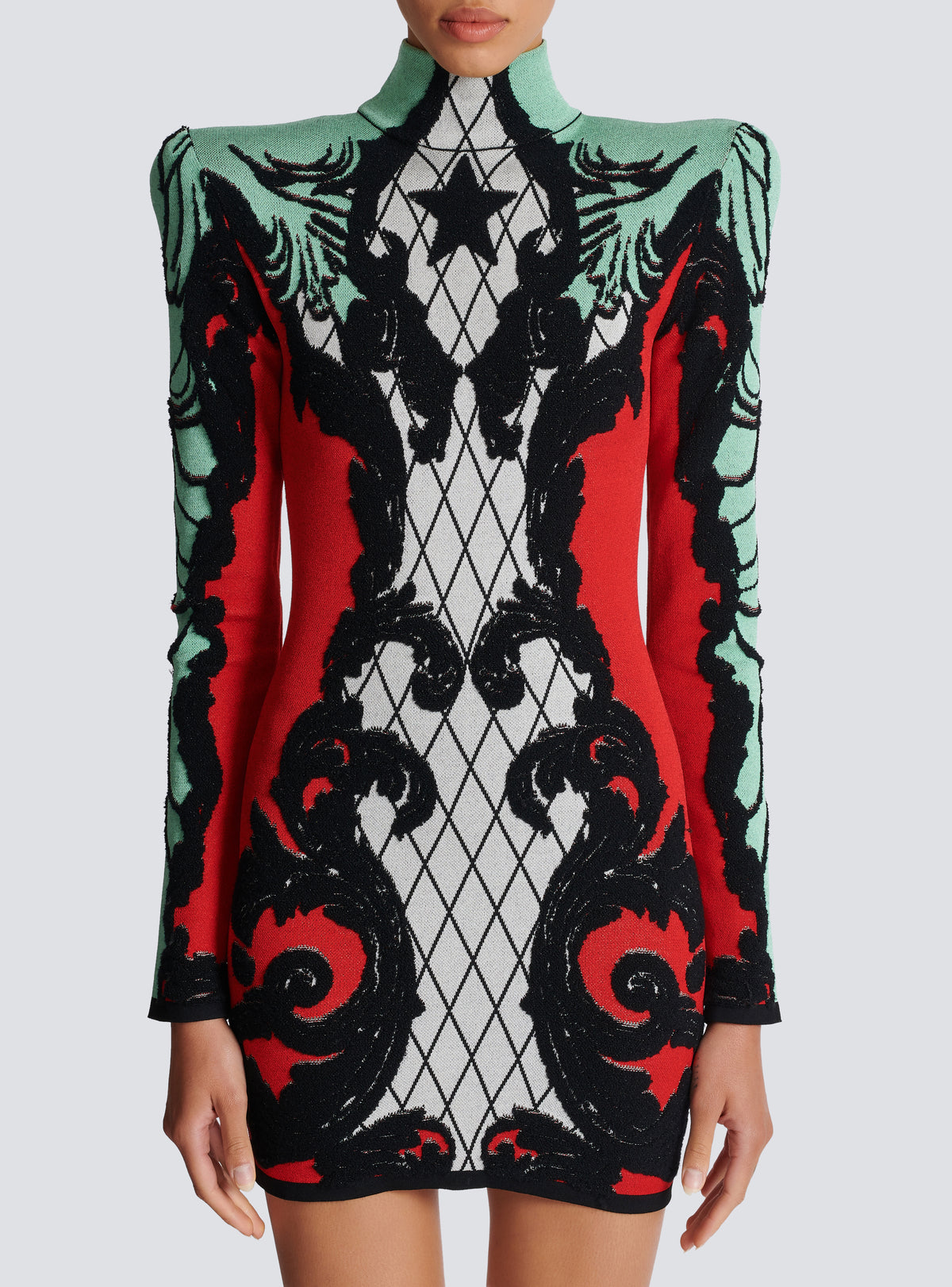 Robe en jacquard baroque - Noir & Blanc & Rouge Vif & Vert D'Eau