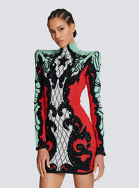 Robe en jacquard baroque - Noir & Blanc & Rouge Vif & Vert D'Eau