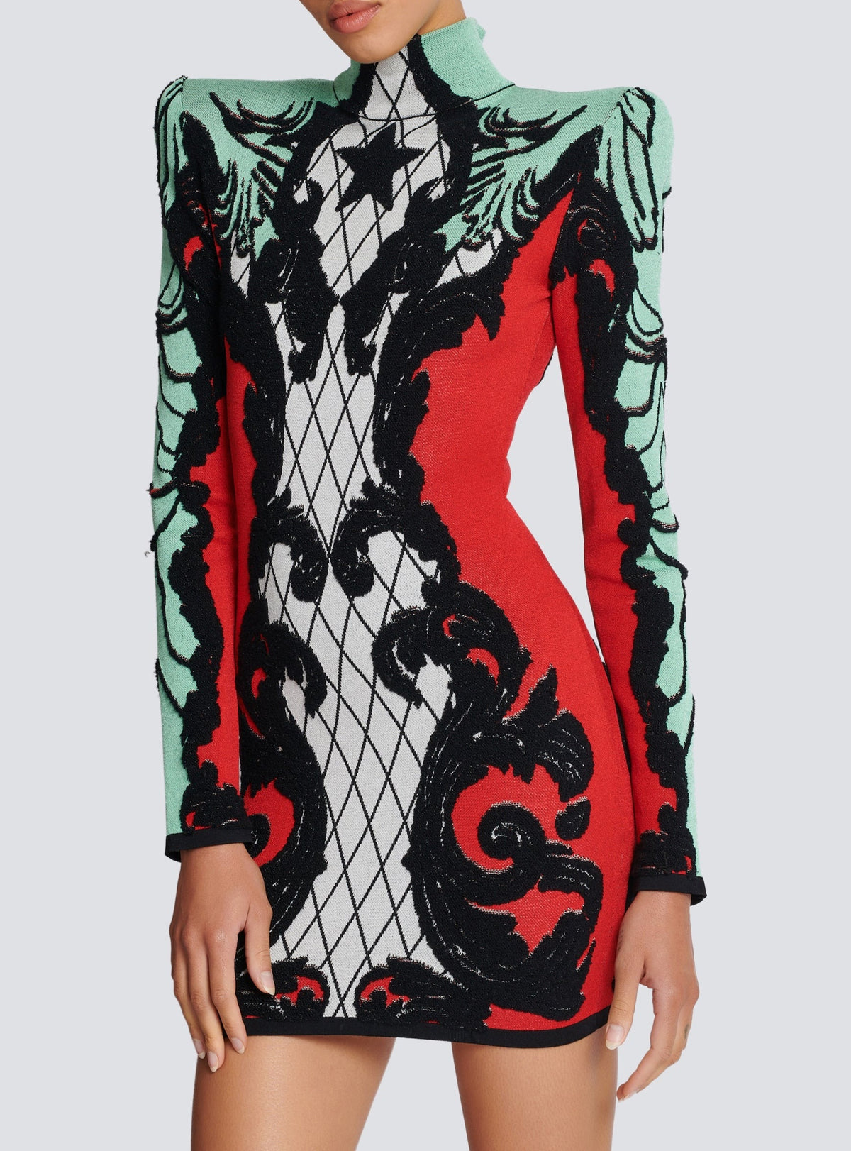 Short jacquard dress - Black & White & Bright Red & Aqua Green