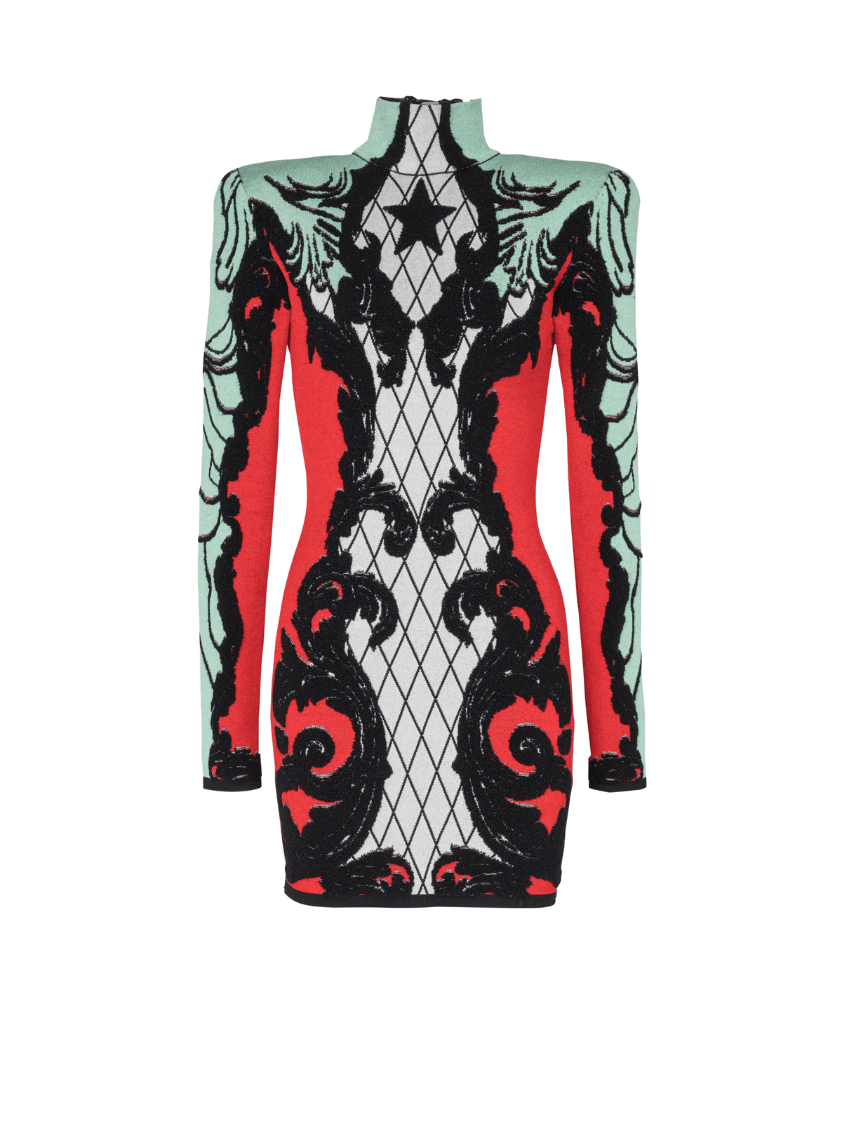 Robe en jacquard baroque - Noir & Blanc & Rouge Vif & Vert D'Eau