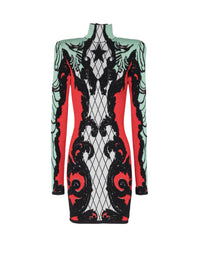 Short jacquard dress - Black & White & Bright Red & Aqua Green
