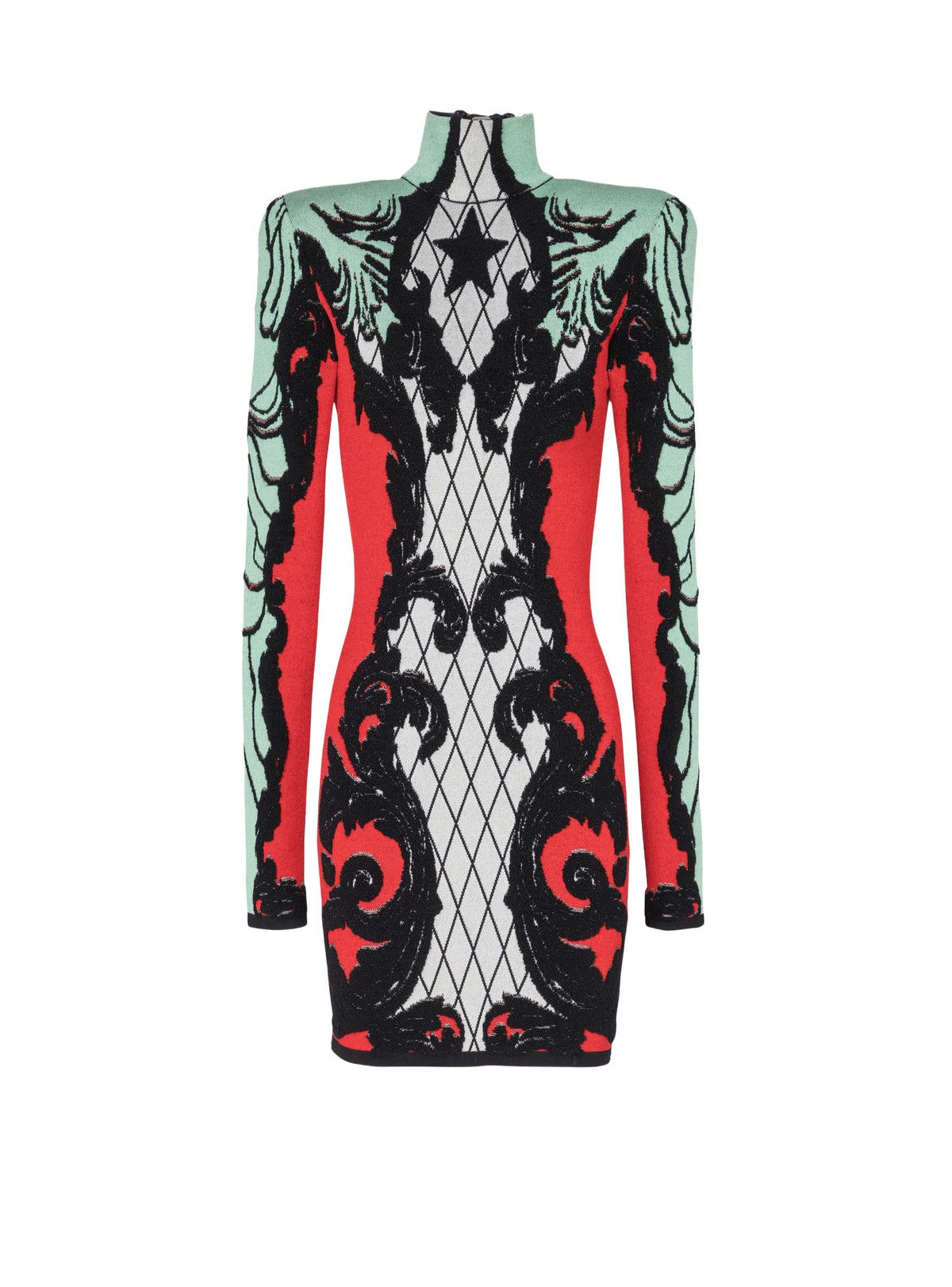 Short jacquard dress - Black & White & Bright Red & Aqua Green
