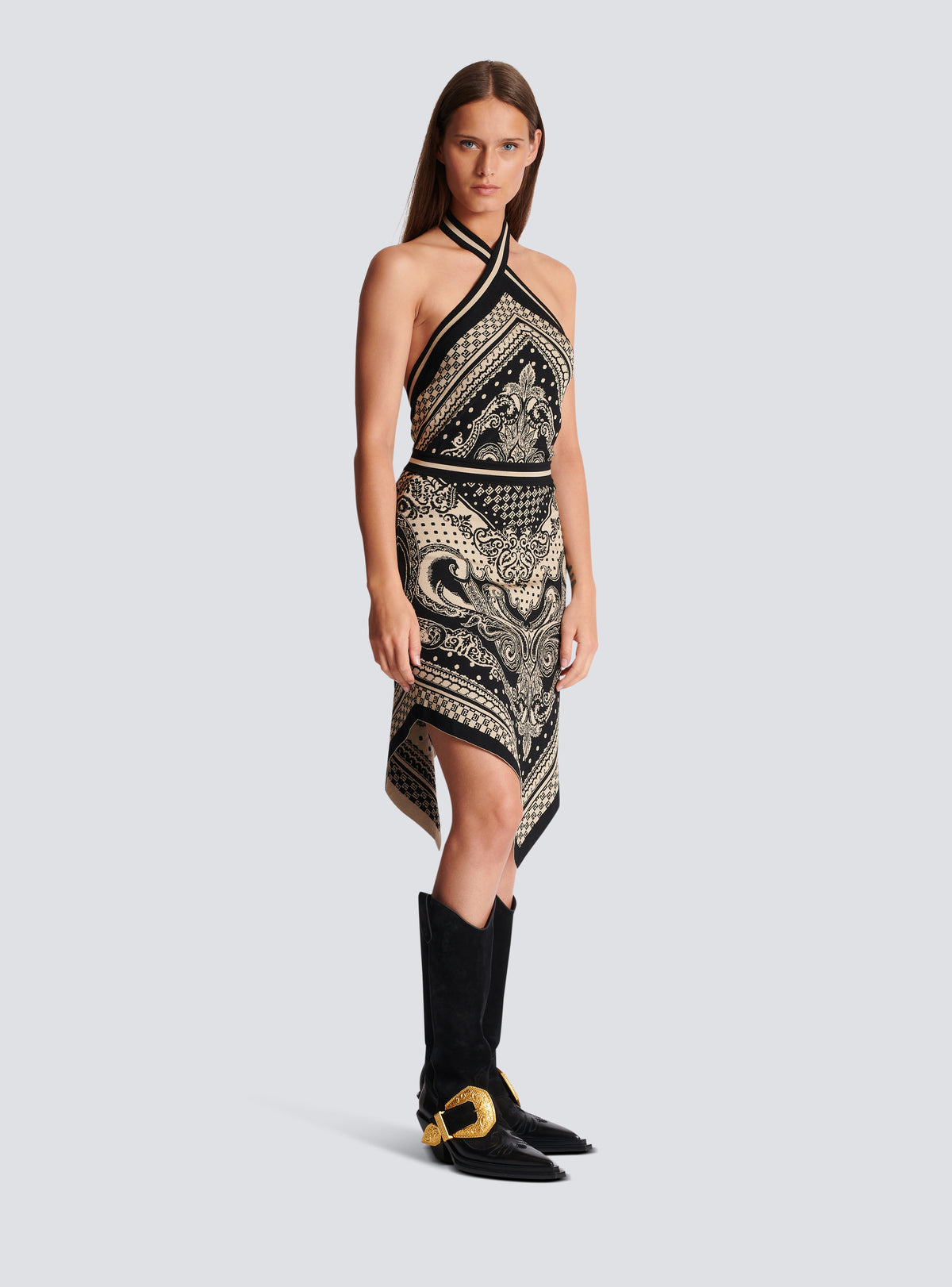 Robe dos-nu en maille paisley et monogramme - Ivoire & Noir