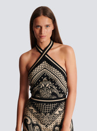 Robe dos-nu en maille paisley et monogramme - Ivoire & Noir