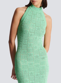 Monogram knit backless long dress - Aqua Green