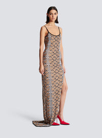 Robe longue à fines bretelles en maille python - Noir & Camel & Blanc
