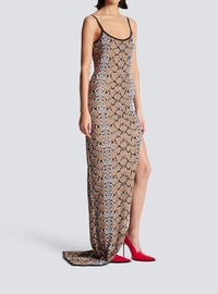 Long knit dress with thin straps - Black & Camel & White