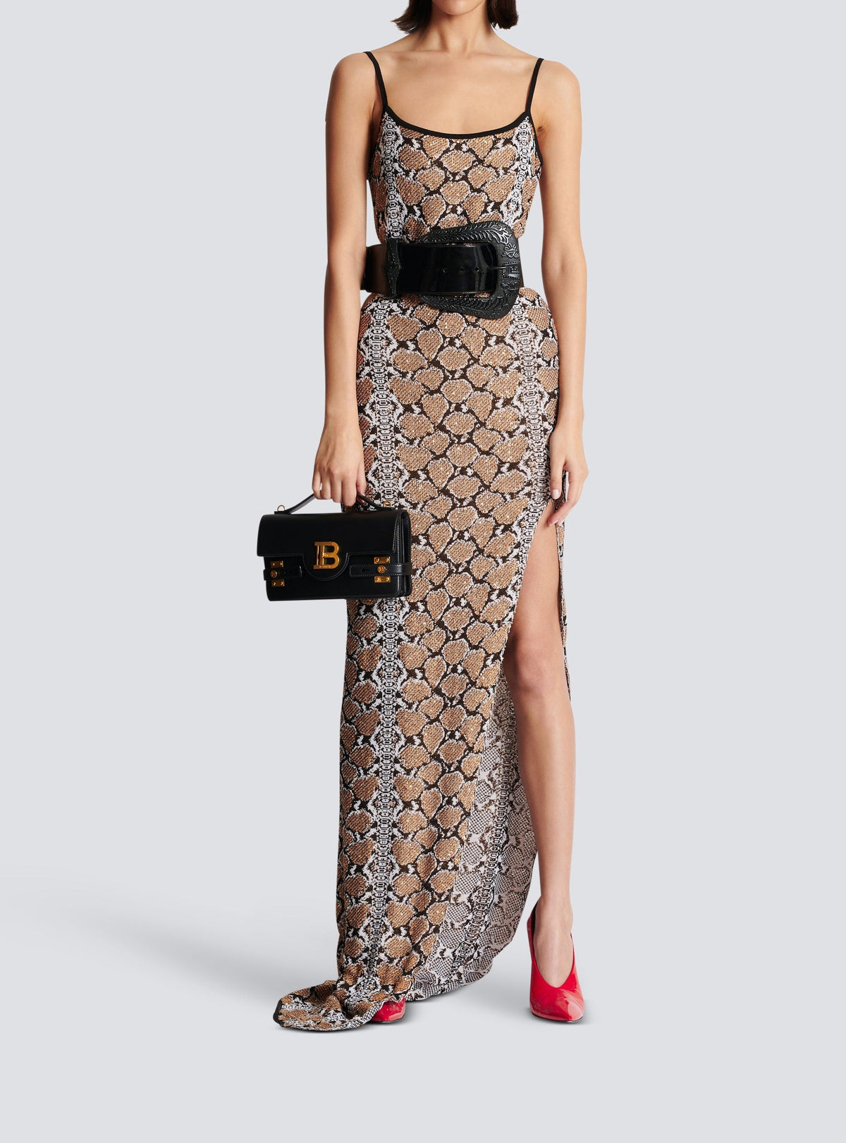 Long knit dress with thin straps - Black & Camel & White