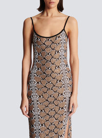 Robe longue à fines bretelles en maille python - Noir & Camel & Blanc
