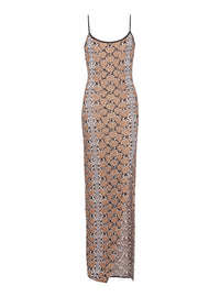 Long knit dress with thin straps - Black & Camel & White