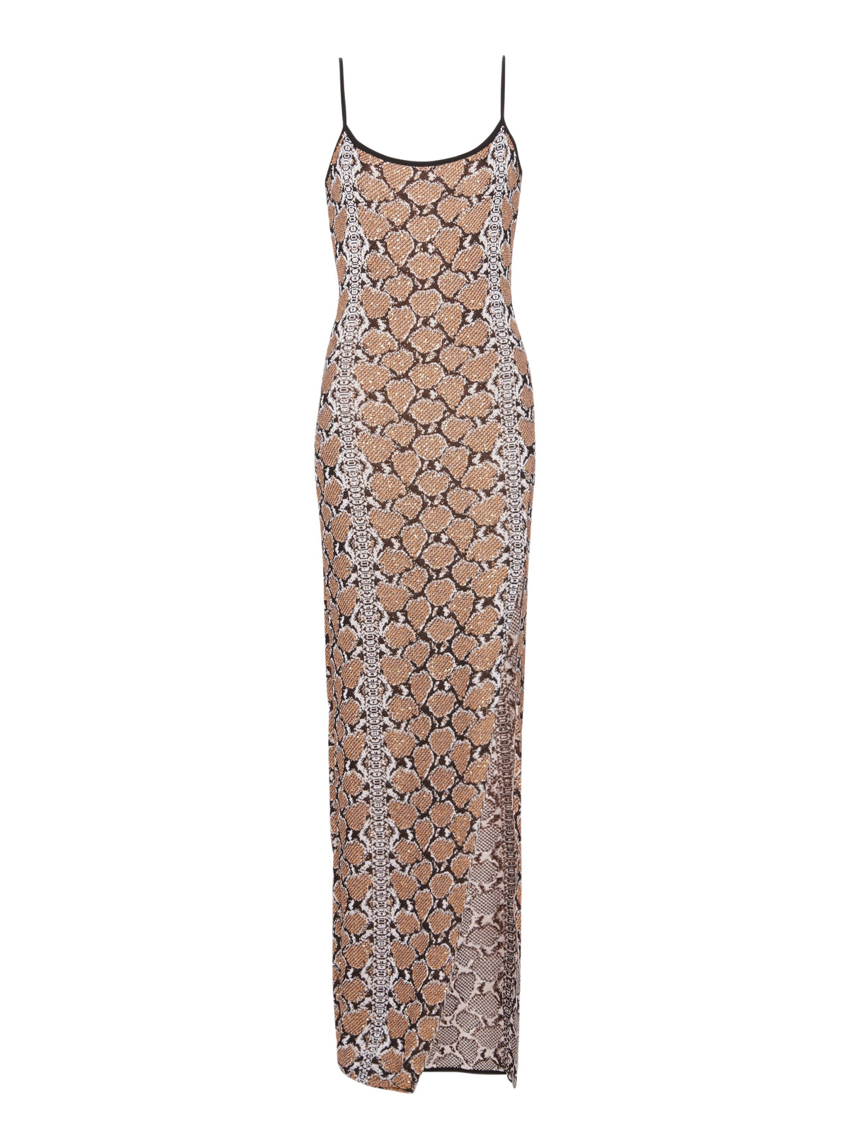 Long knit dress with thin straps - Black & Camel & White