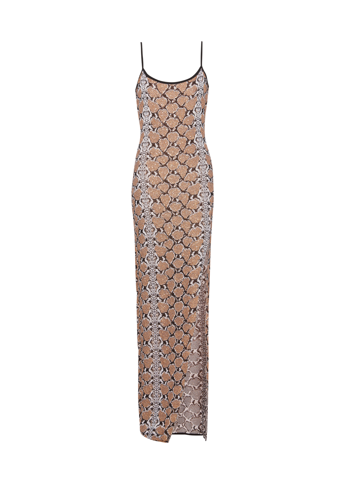 Robe longue à fines bretelles en maille python - Noir & Camel & Blanc