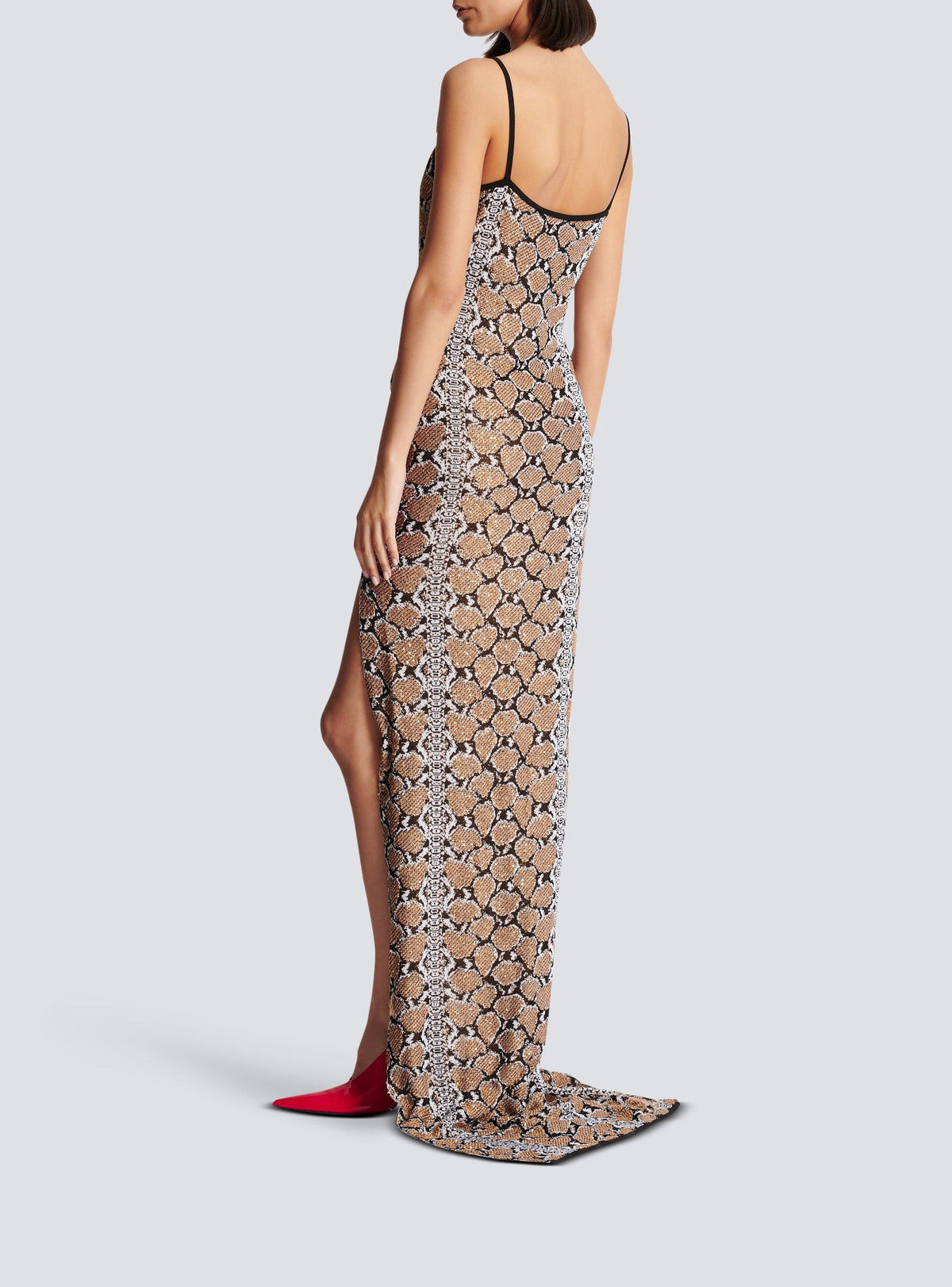 Long knit dress with thin straps - Black & Camel & White