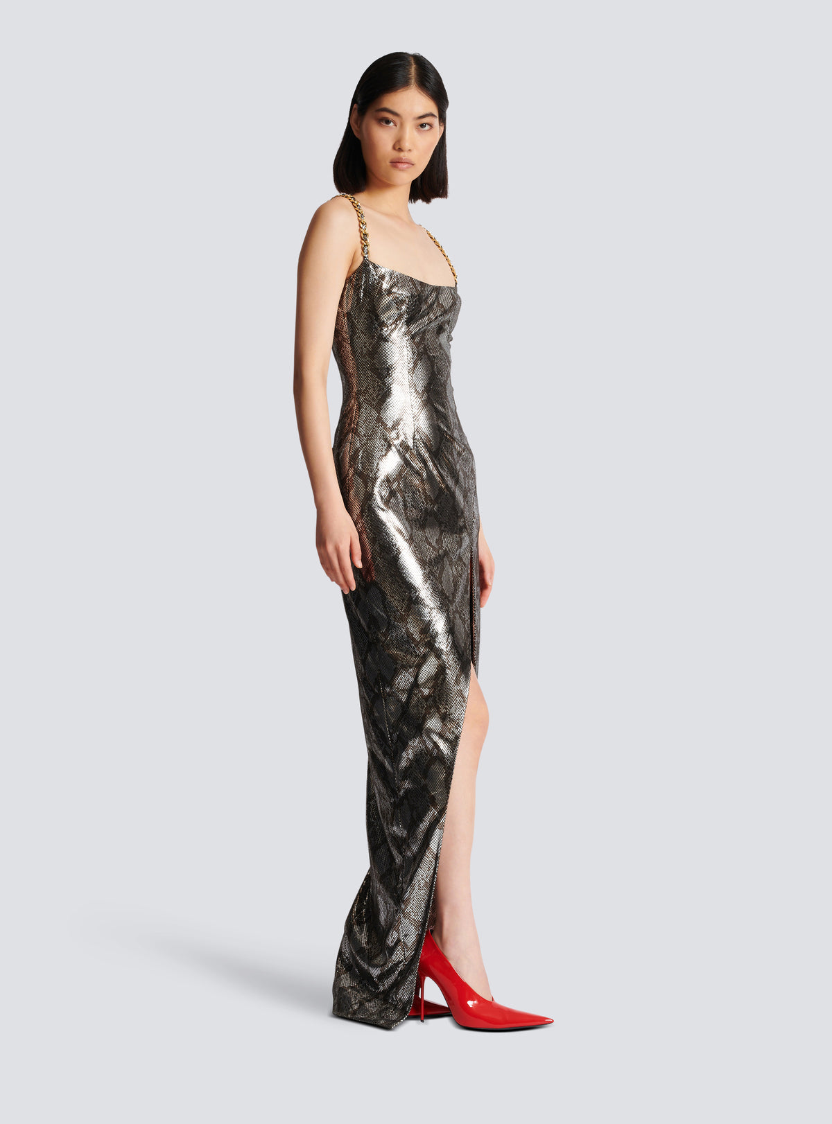 Robe longue à bretelles chaîne - Gris & Noir