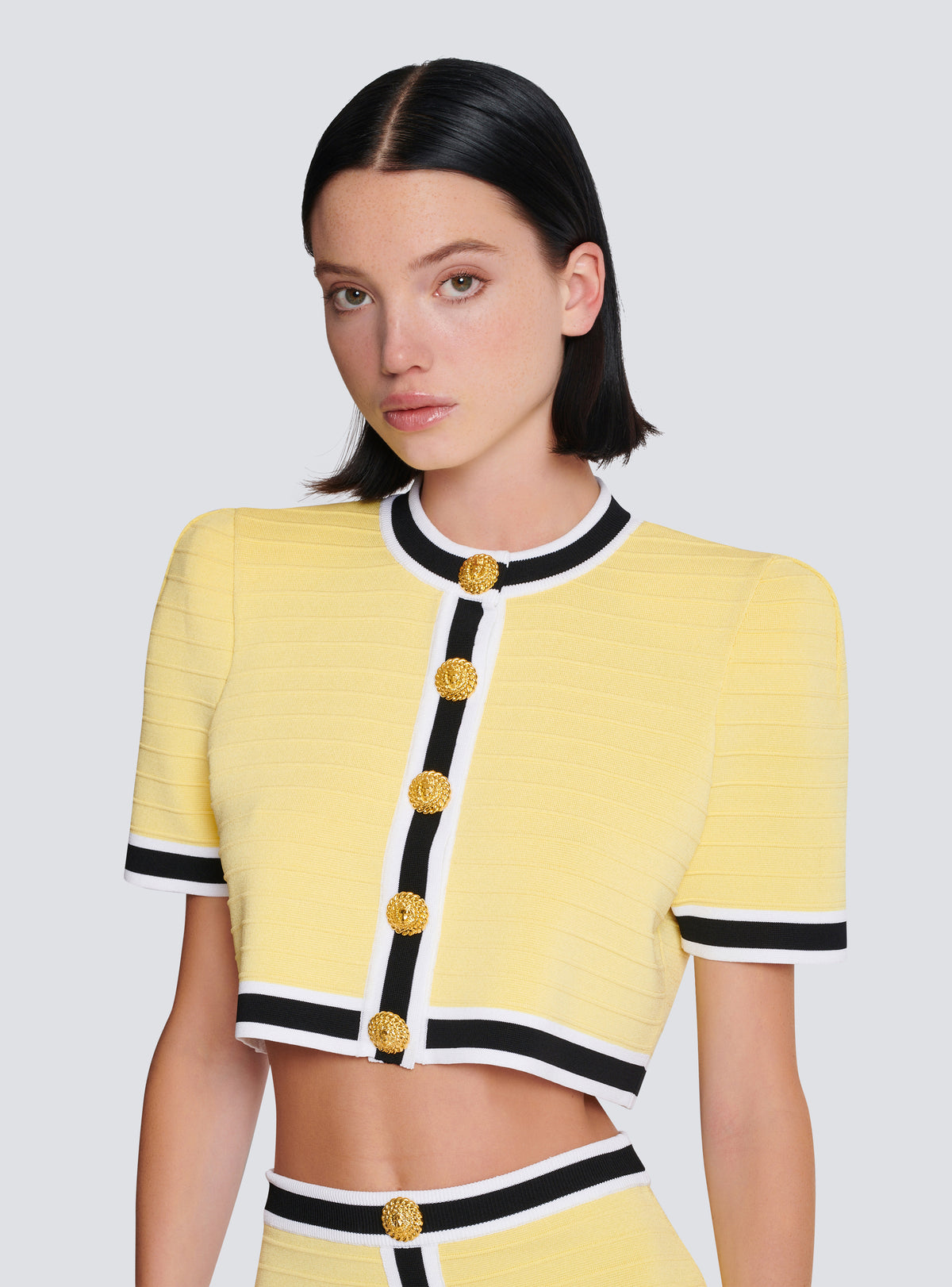 Cardigan court en maille - Jaune Pâle & Noir & Blanc