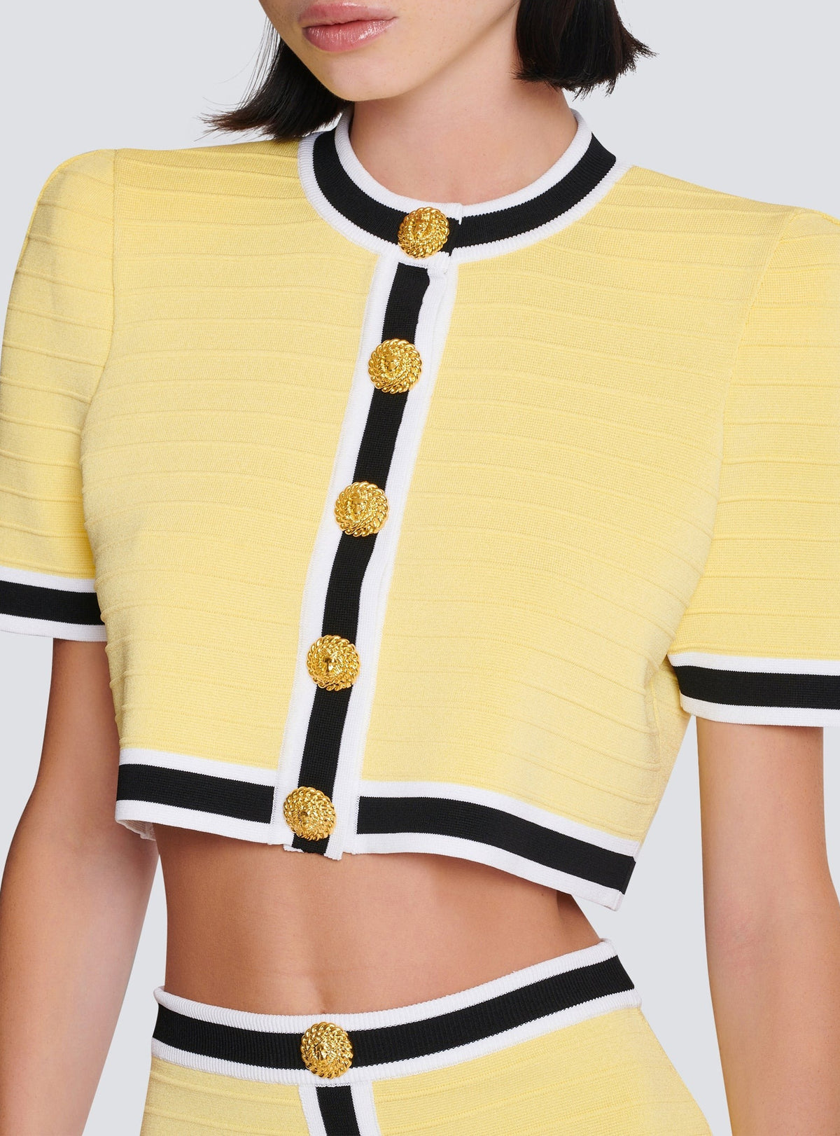 Cropped knit cardigan - Pale Yellow & Black & White