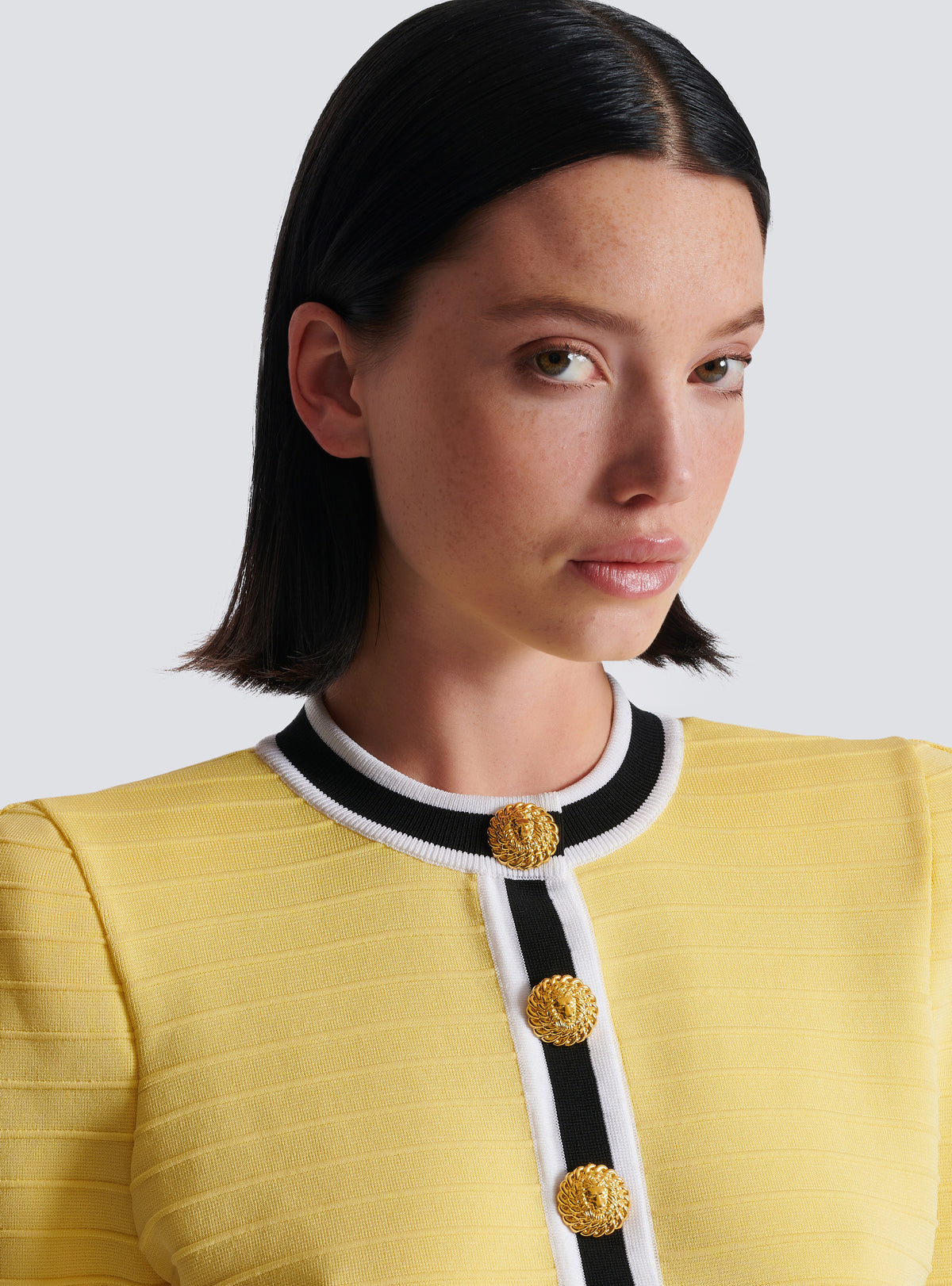 Cardigan court en maille - Jaune Pâle & Noir & Blanc