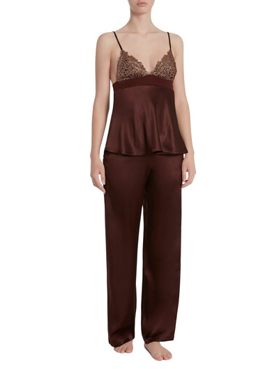 Metal Macrame long trousers in silk - Coffee & Copper