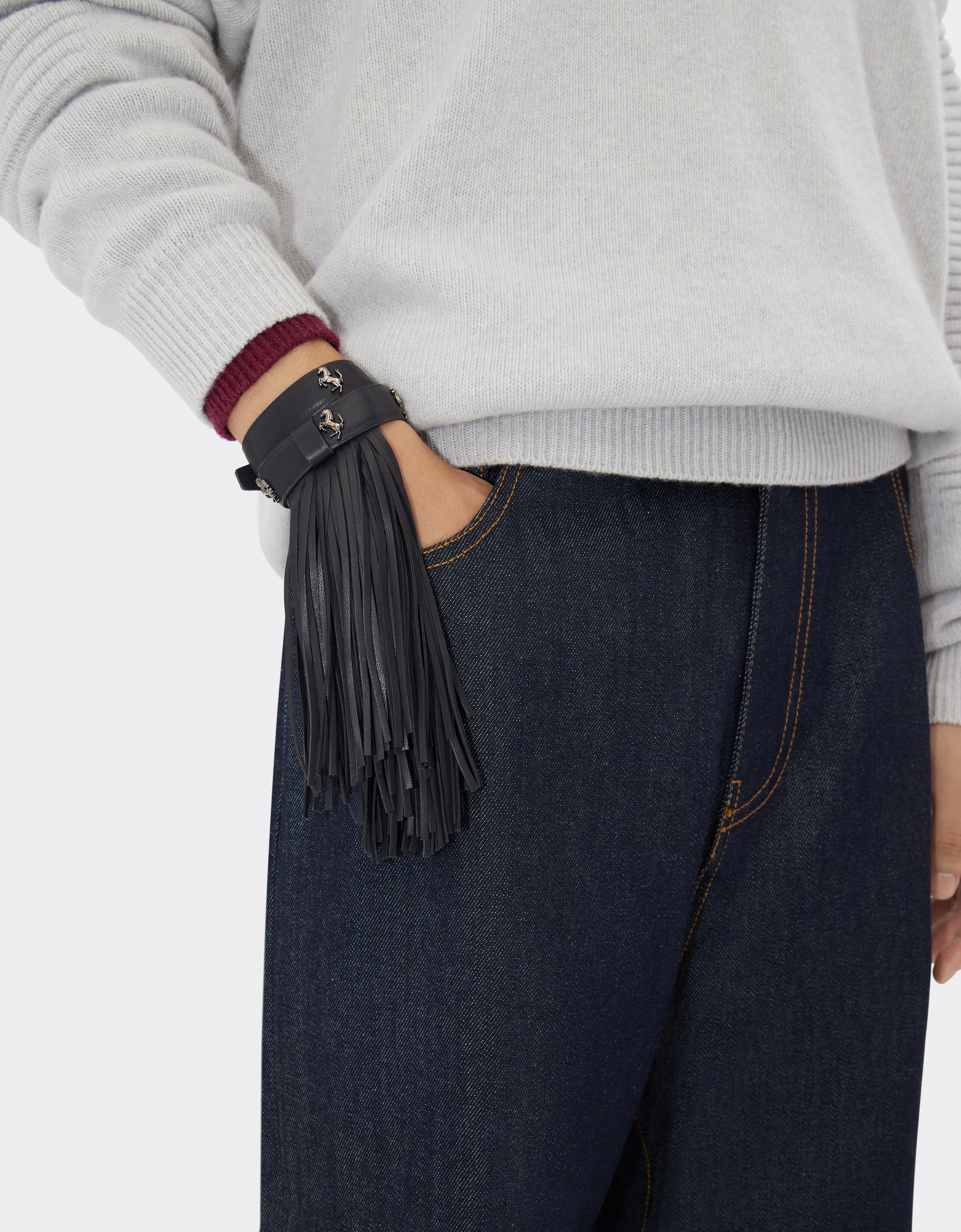 Bracelet unisexe pompom avec clous en cuir - Antracite