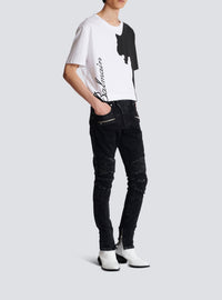 Pantalon slim à détails côtelés en denim - Noir Délavé