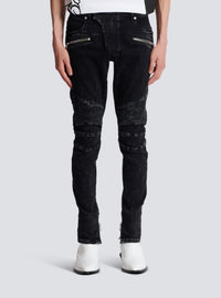 Jean slim à détails côtelés en denim - Noir Délavé