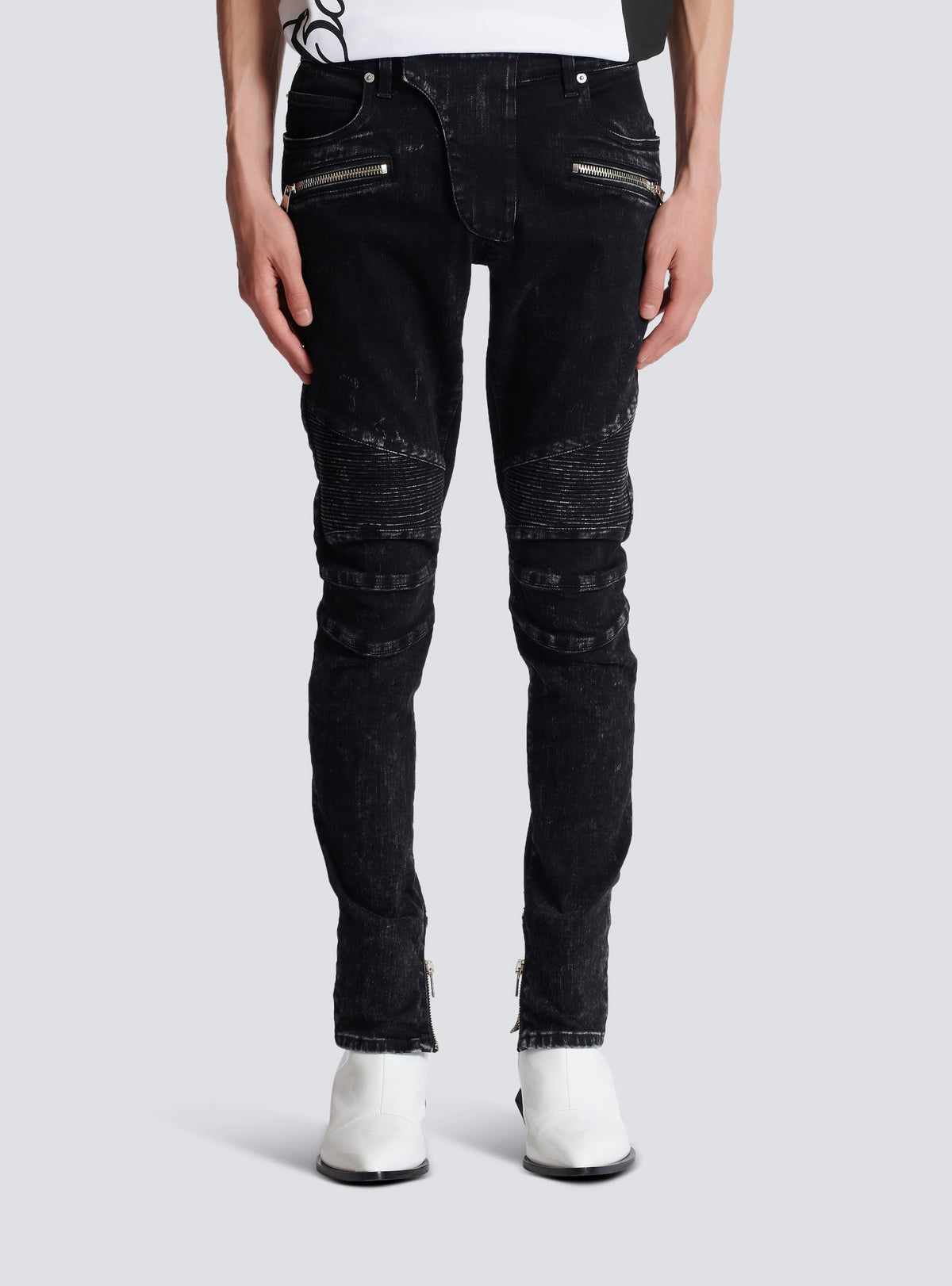 Jean slim à détails côtelés en denim - Noir Délavé