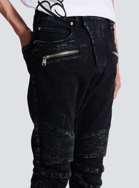 Jean slim à détails côtelés en denim - Noir Délavé