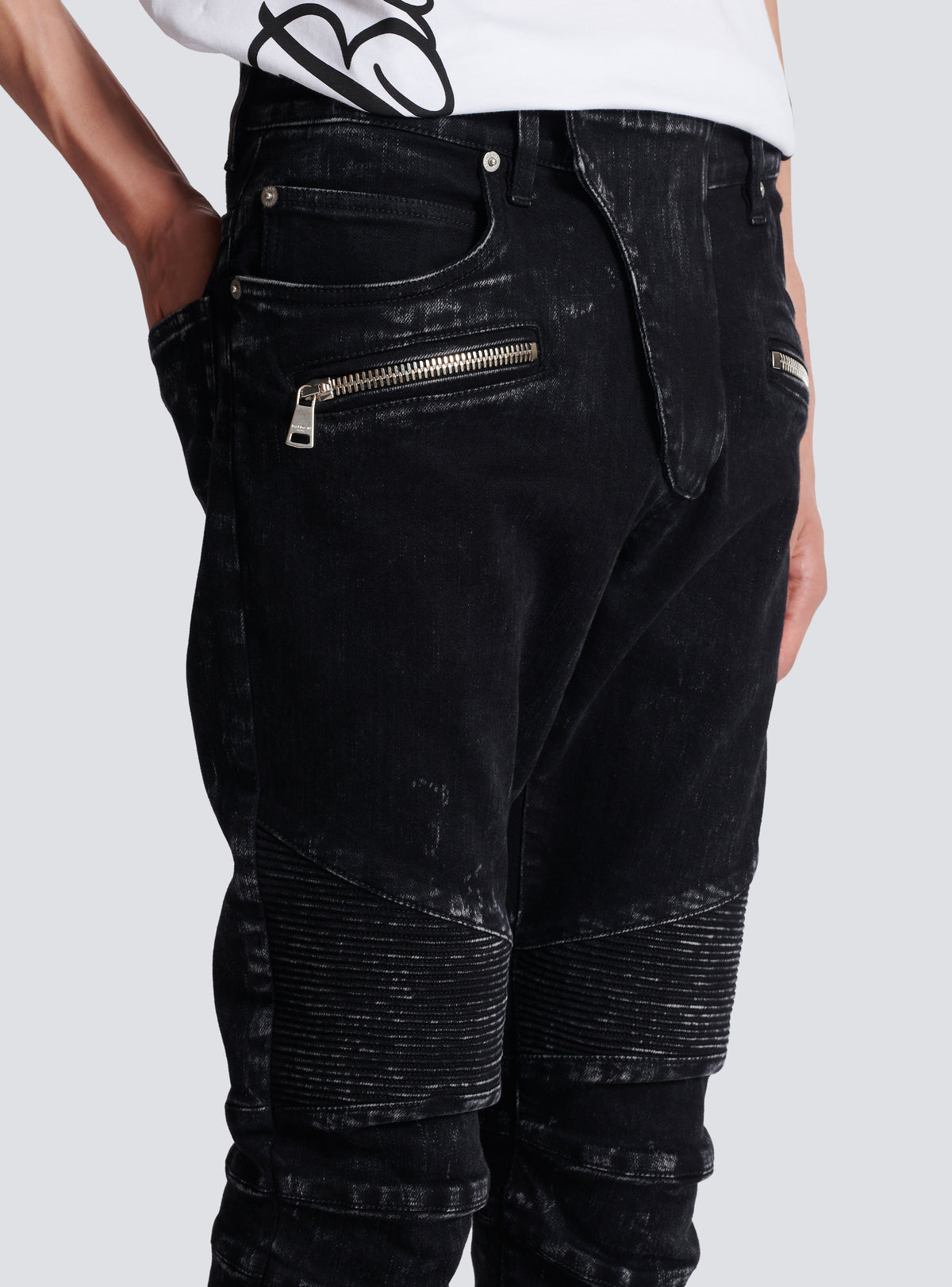 Jean slim à détails côtelés en denim - Noir Délavé