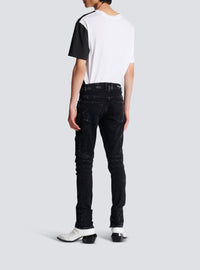 Pantalon slim à détails côtelés en denim - Noir Délavé