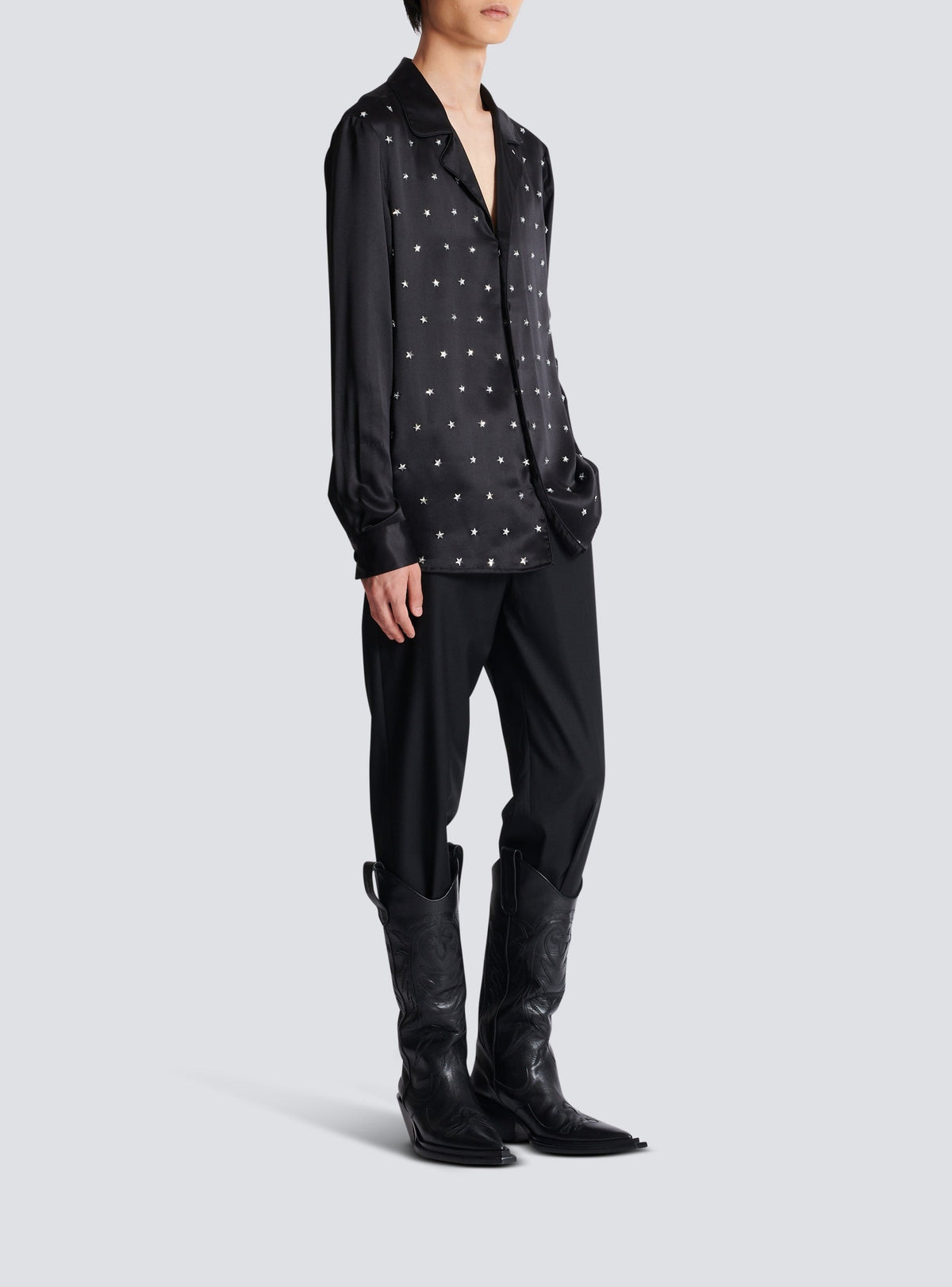 Silk shirt embroidered with stars - Black & Antique Silver