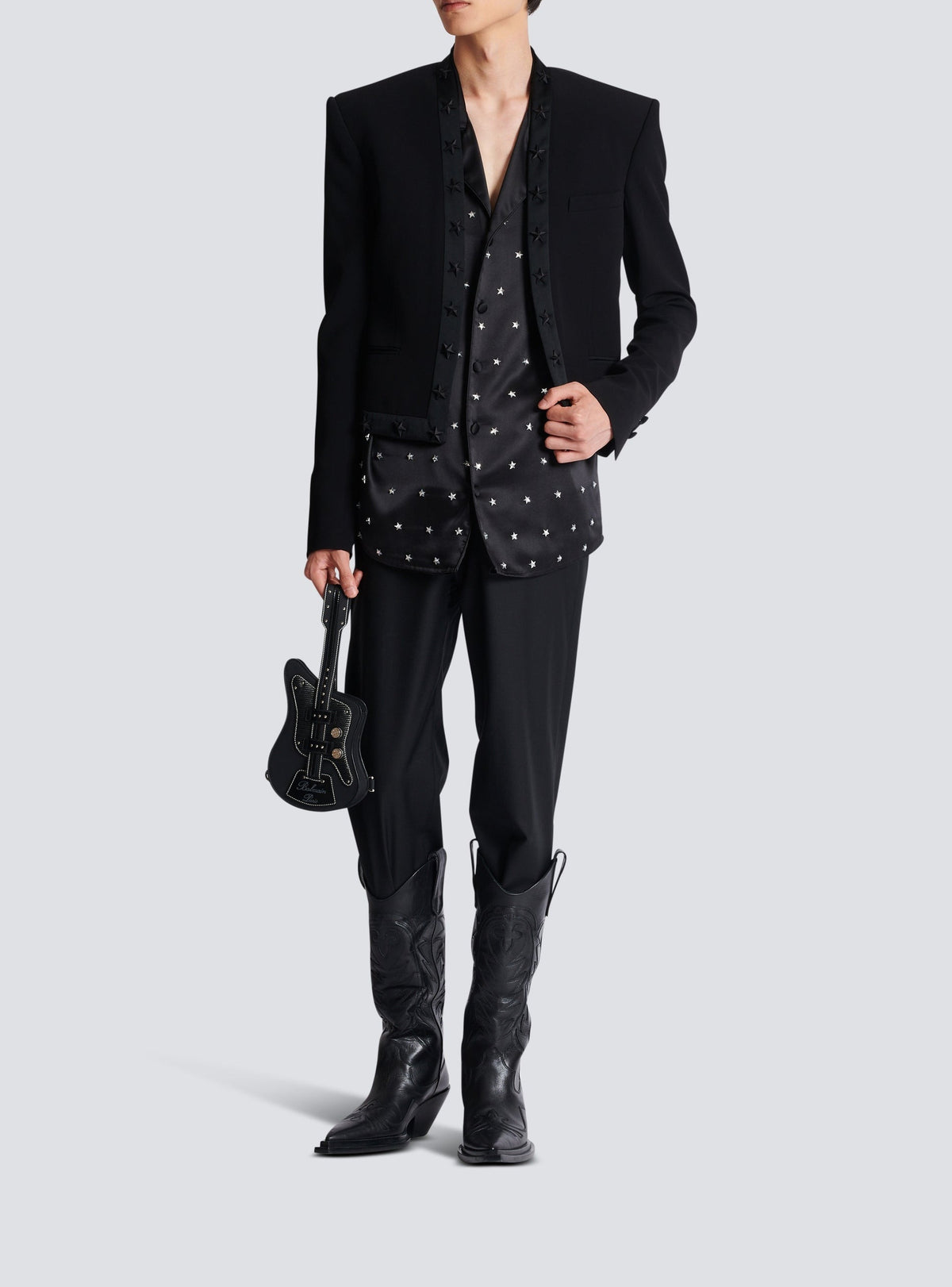 Silk shirt embroidered with stars - Black & Antique Silver