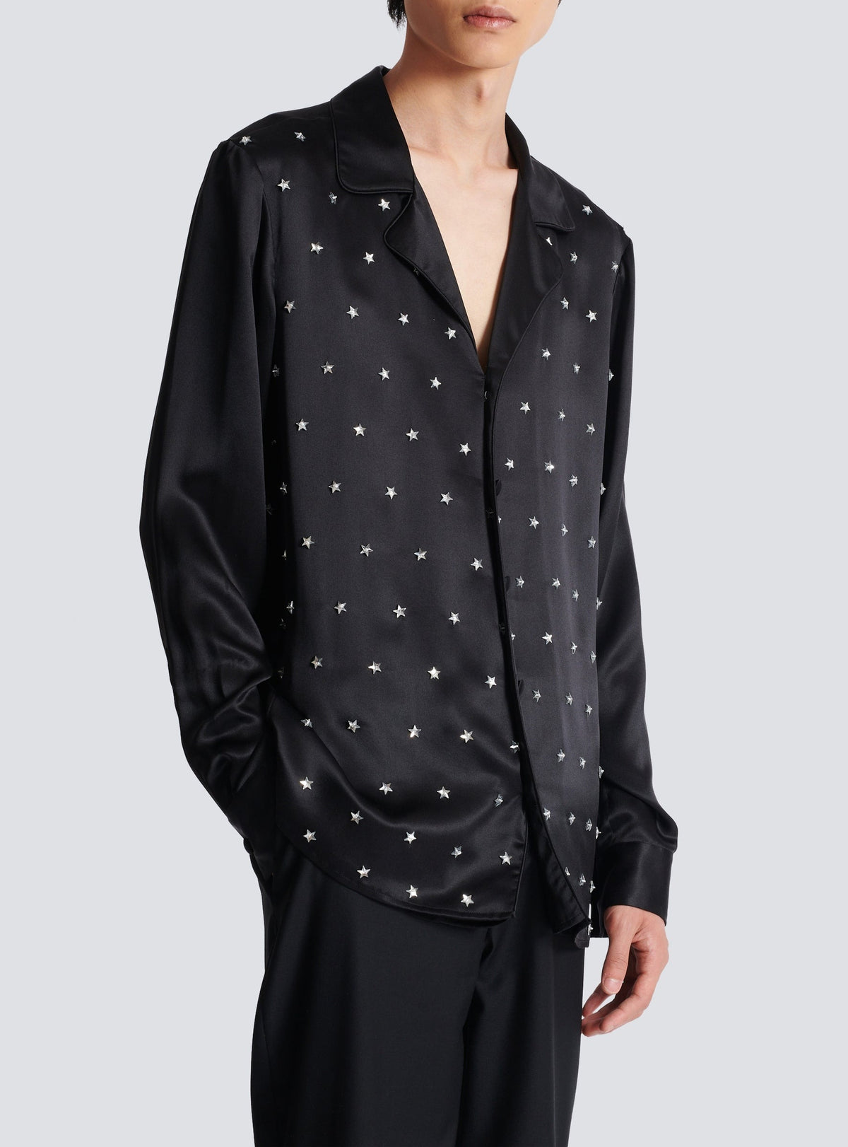 Silk shirt embroidered with stars - Black & Antique Silver