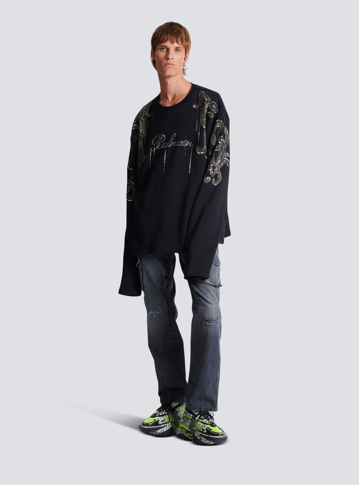 Sweat-shirt balmain signature brodé de chaînes - Noir & Vieil Argent