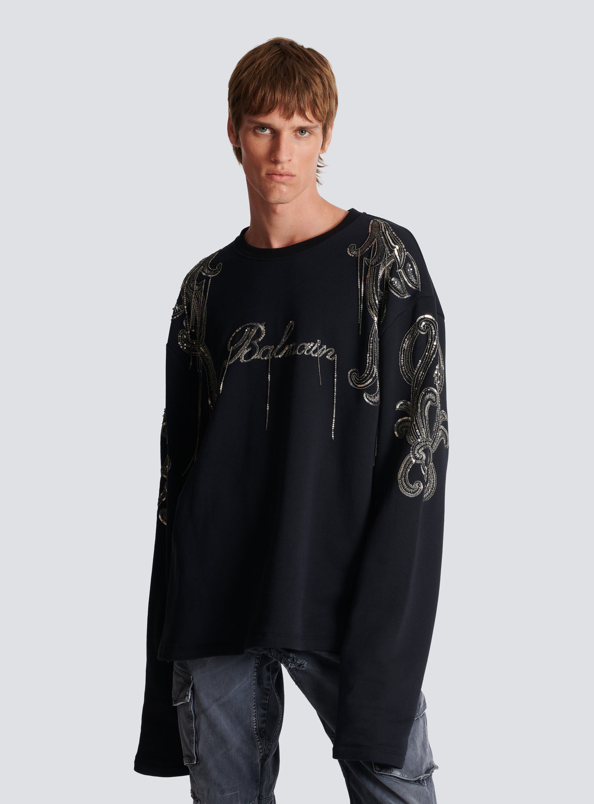 Sweat-shirt balmain signature brodé de chaînes - Noir & Vieil Argent