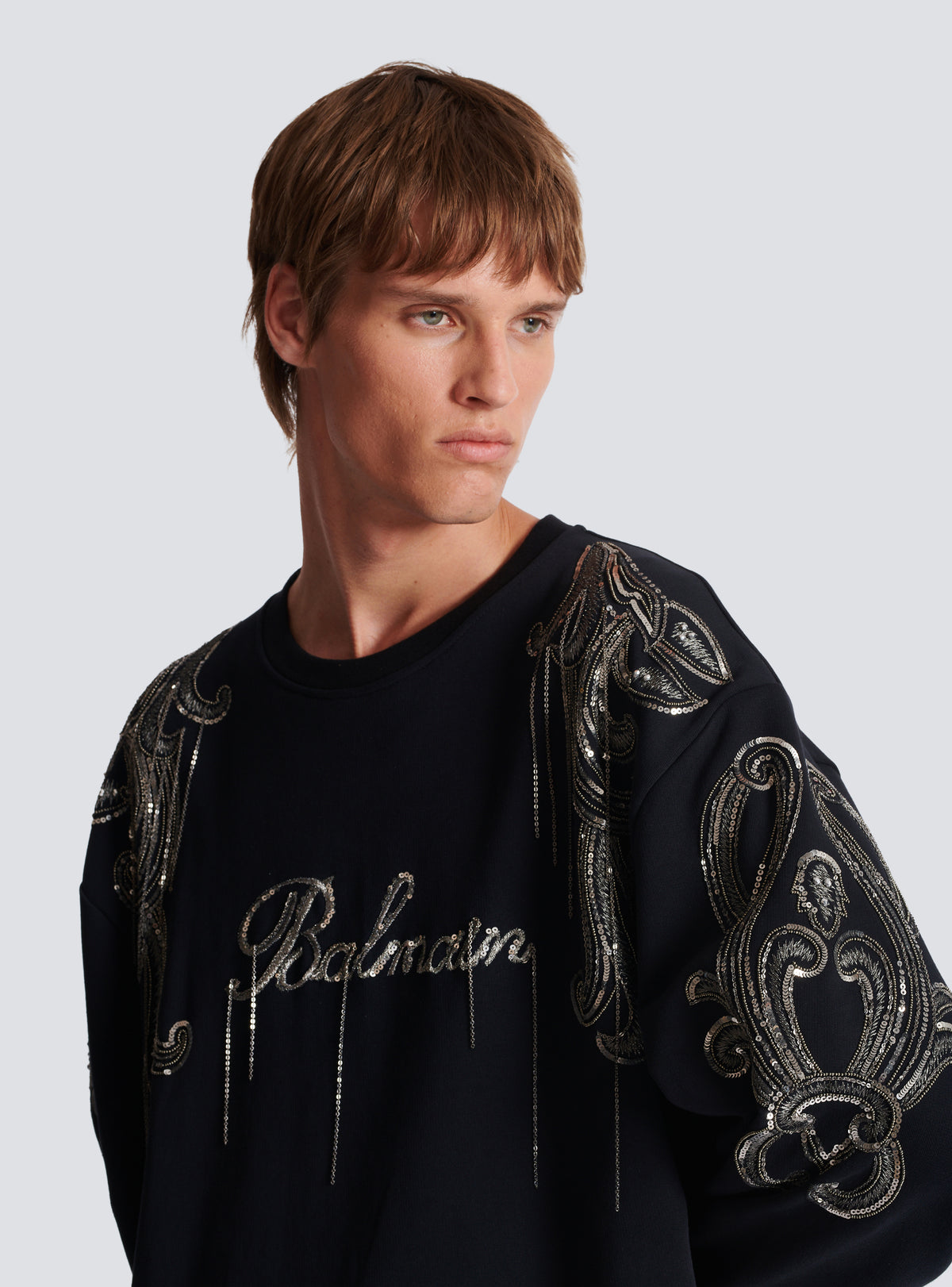 Sweat-shirt balmain signature brodé de chaînes - Noir & Vieil Argent