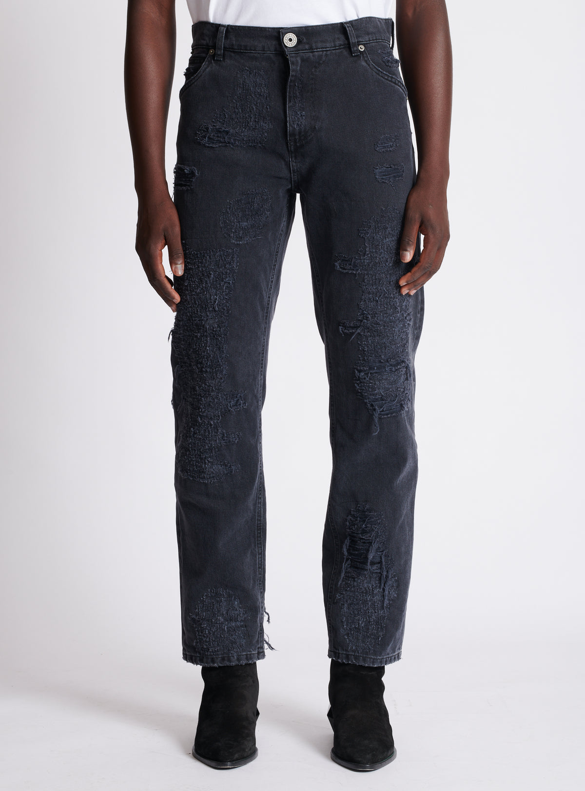 Jean droit en denim déchiré et réparé - Noir Délavé