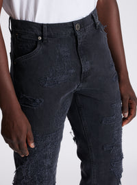 Jean droit en denim déchiré et réparé - Noir Délavé