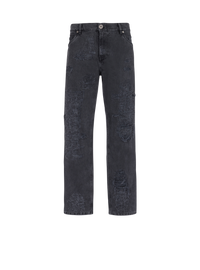 Jean droit en denim déchiré et réparé - Noir Délavé