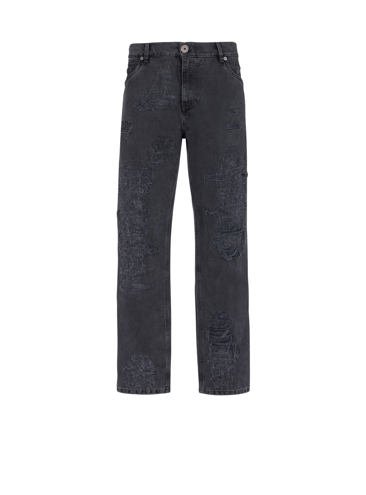 Jean droit en denim déchiré et réparé - Noir Délavé