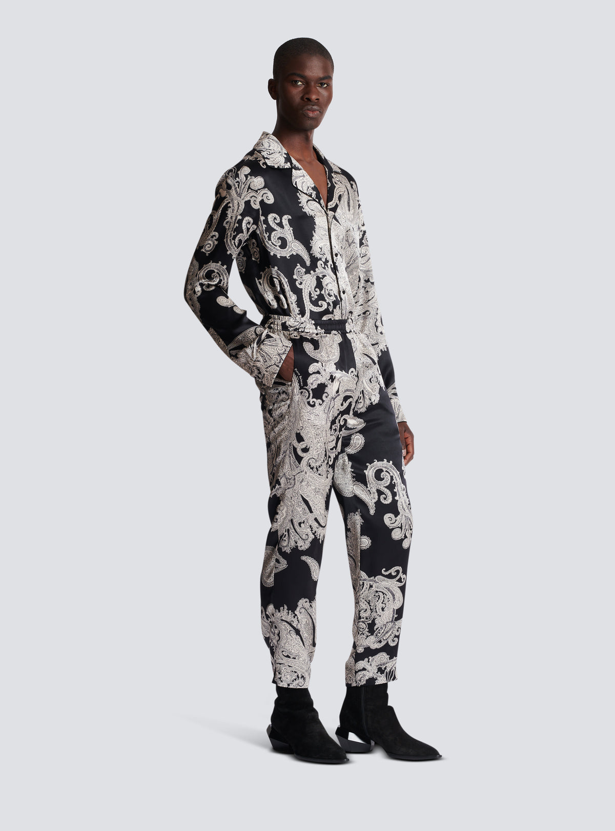 Pantalon en soie à imprimé paisley - Noir