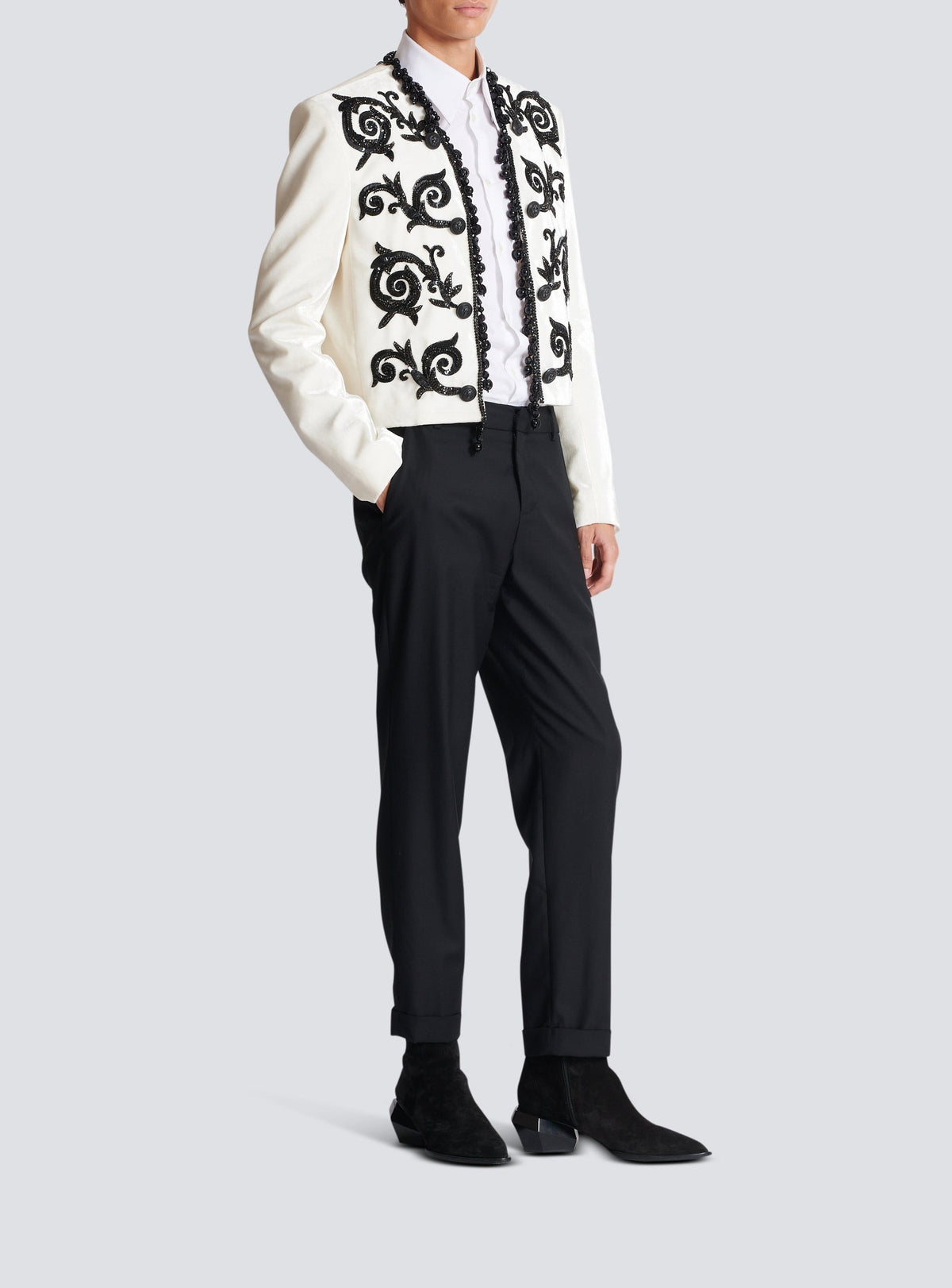Embroidered velvet spencer jacket - White & Black