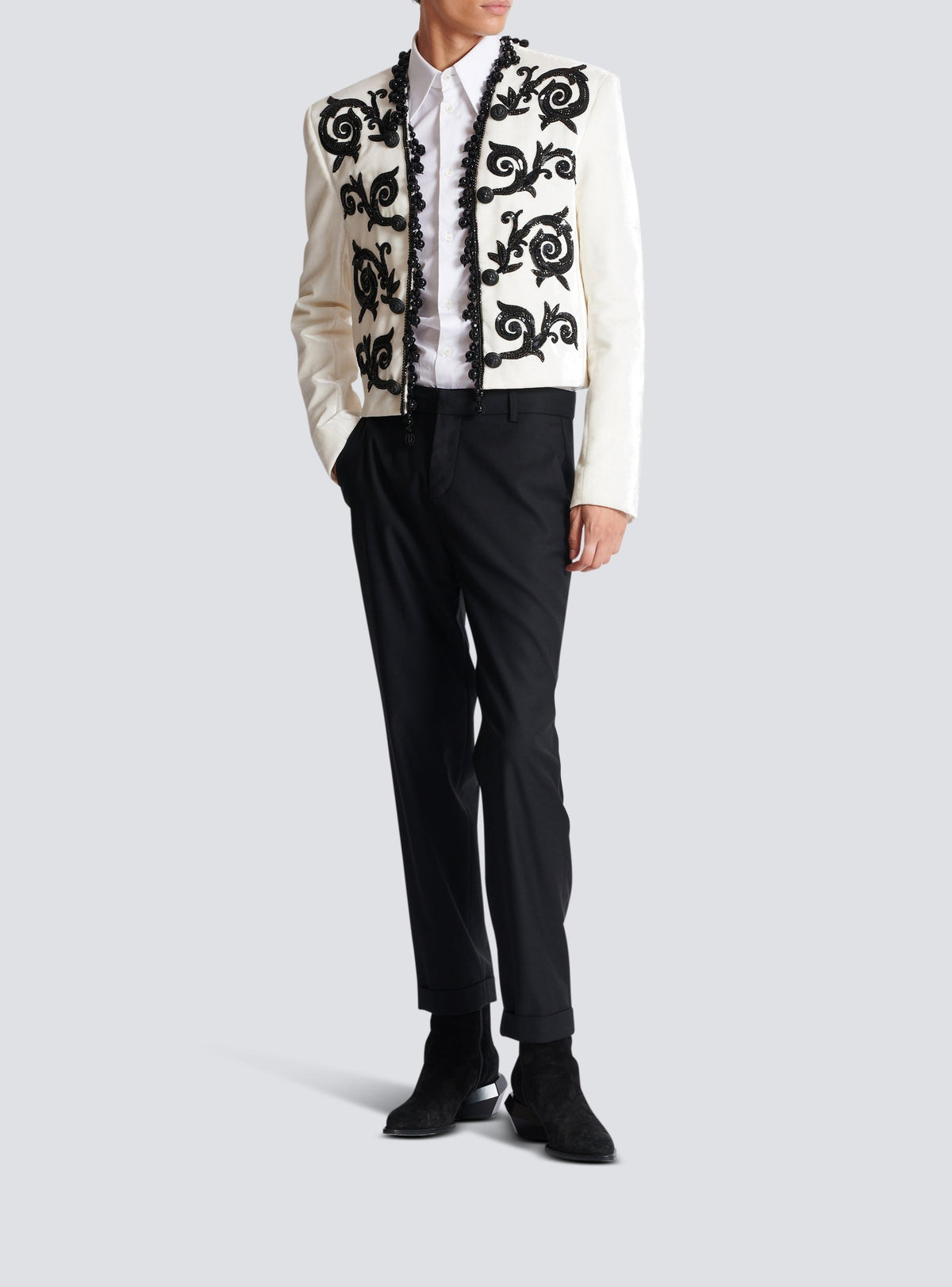 Embroidered velvet spencer jacket - White & Black