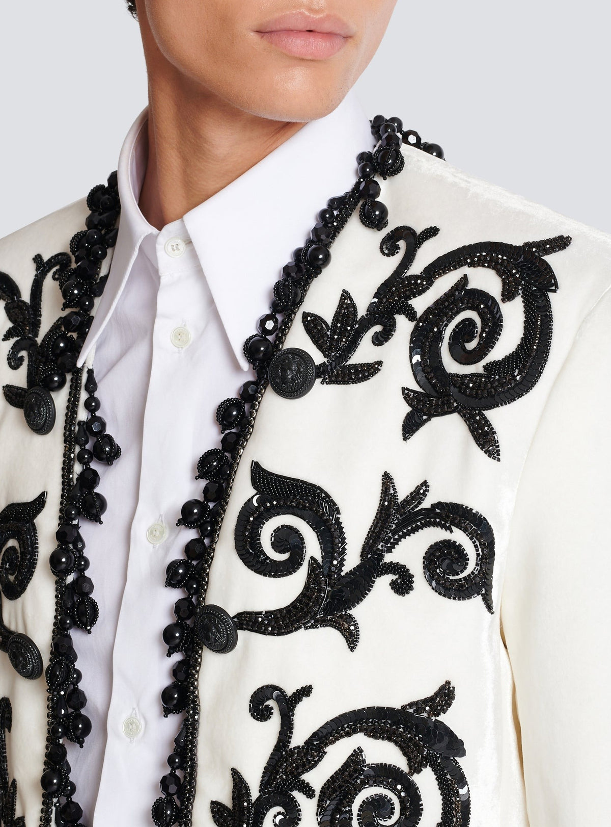 Embroidered velvet spencer jacket - White & Black